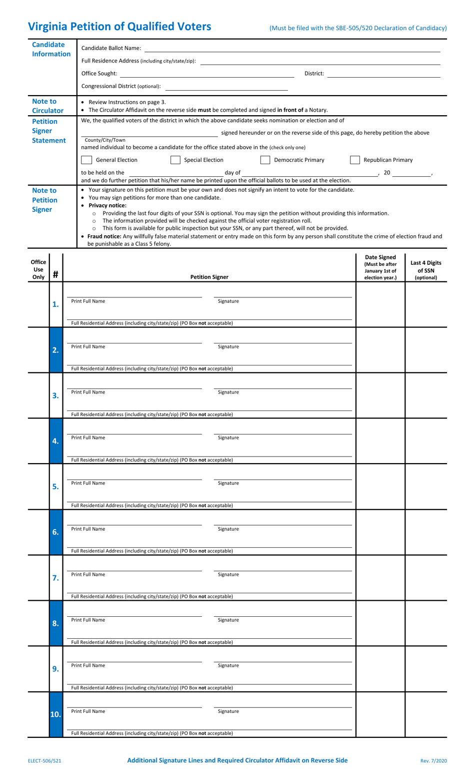 Form ELECT-506/521 Virginia Petition of Qualified Voters - Virginia, Page 1