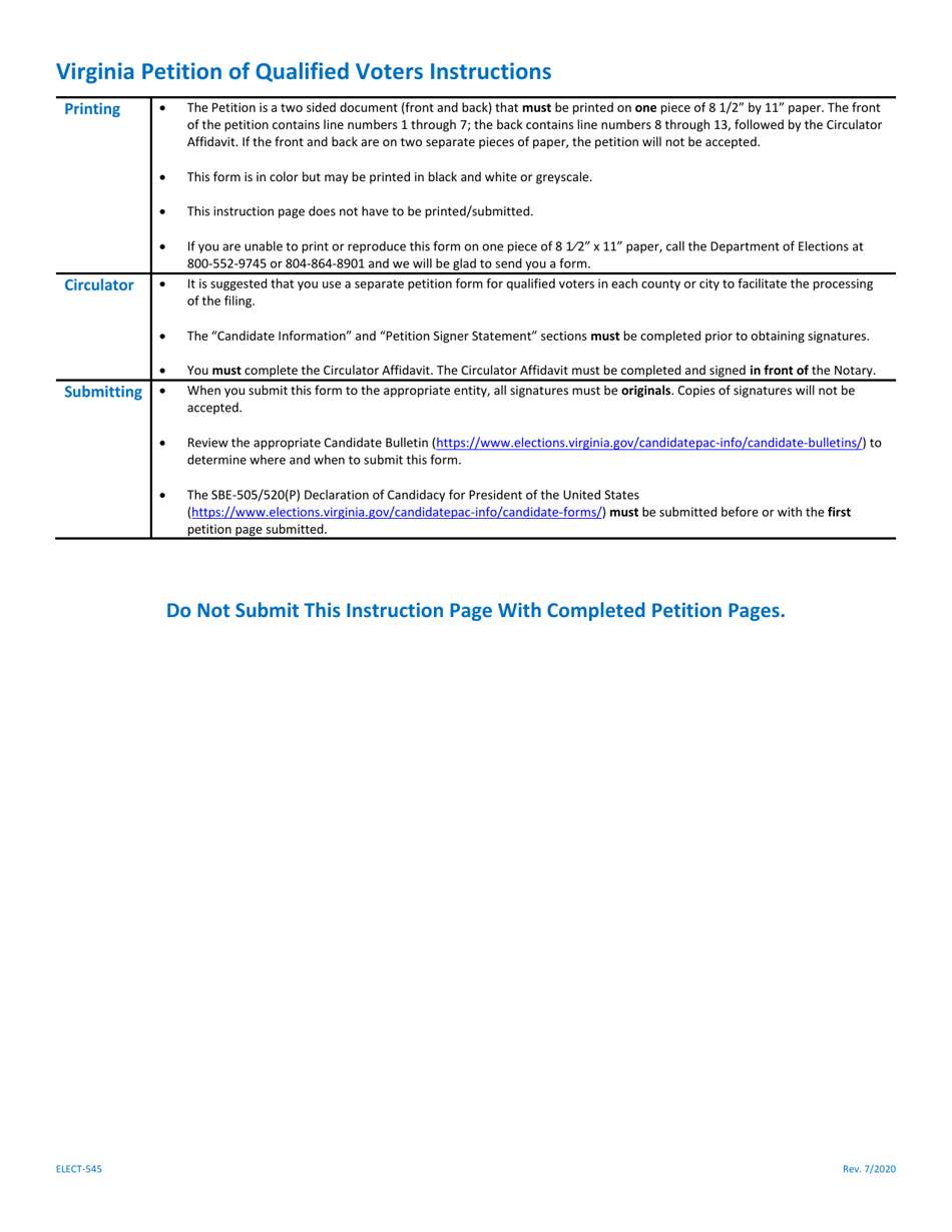 Form ELECT-545 Virginia Petition of Qualified Voters for Presidential Primary - Virginia, Page 3