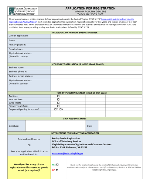 Form VDACS-03215/OVS Application for Registration Virginia Poultry Dealer - Virginia