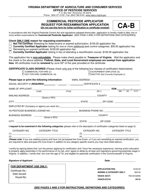 Form CA-B (VDACS-07218) Commercial Pesticide Applicator Request for Reexamination Application - Virginia