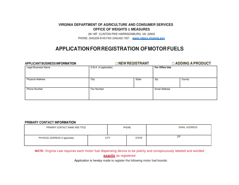 Application for Registration of Motor Fuels - Virginia