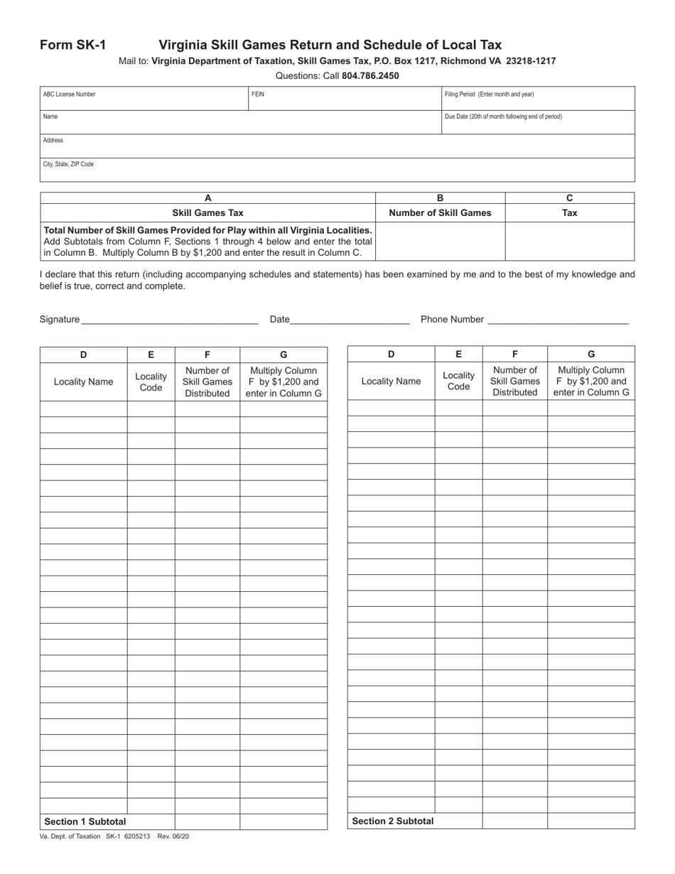 Form SK-1 Virginia Skill Games Return and Schedule of Local Tax - Virginia, Page 1