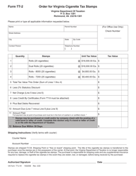 Document preview: Form TT-2 Order for Virginia Cigarette Tax Stamps - Virginia