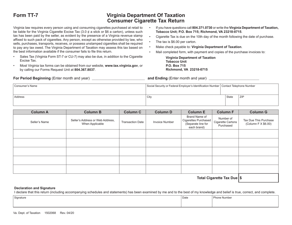 Form TT-7 Virginia Consumer Cigarette Tax Return - Virginia, Page 1