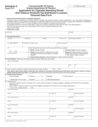 Document preview: Form TT-1 Schedule A Application for Cigarette Stamping Permit and Tobacco Products Tax Distributor's License - Personal Data Form - Virginia