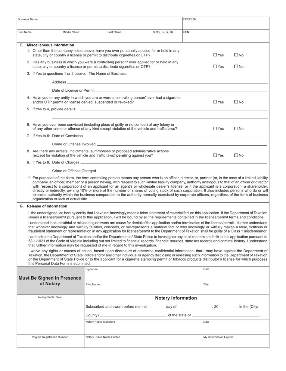 Form TT-1 Schedule A Application for Cigarette Stamping Permit and Tobacco Products Tax Distributors License - Personal Data Form - Virginia, Page 2