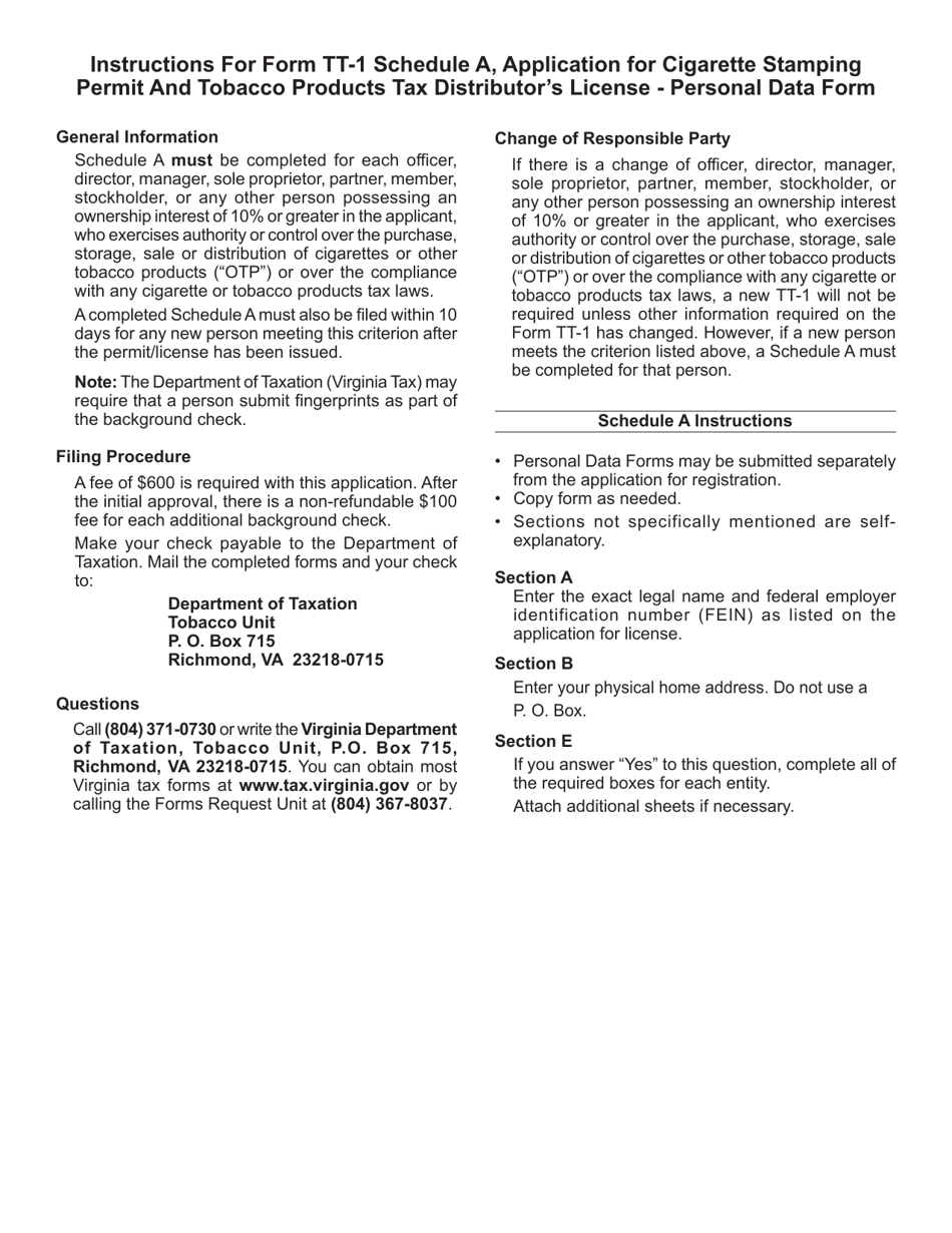 Form TT-1 Schedule A Application for Cigarette Stamping Permit and Tobacco Products Tax Distributors License - Personal Data Form - Virginia, Page 3