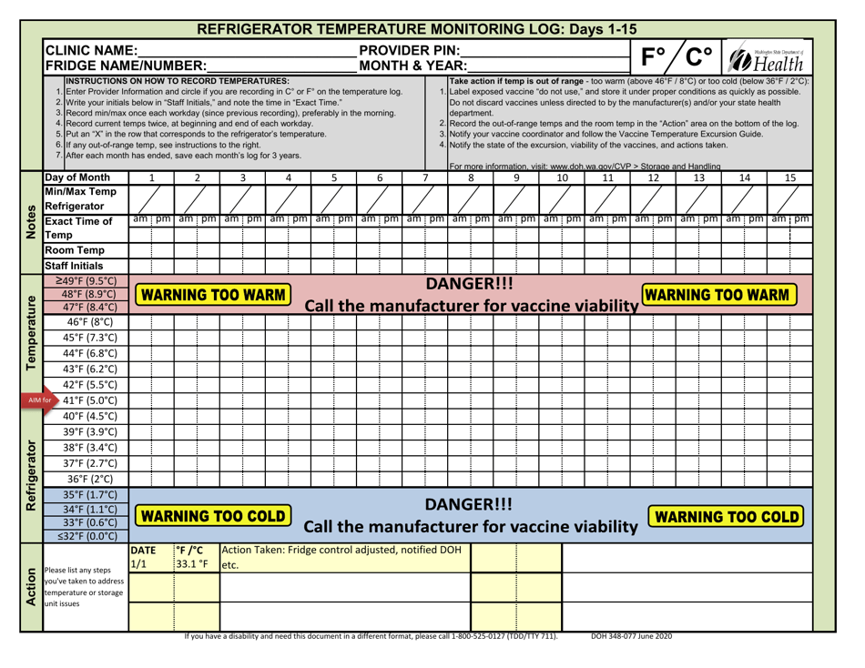 DOH Form 348-077 Refrigerator Temperature Monitoring Log - Washington, Page 1