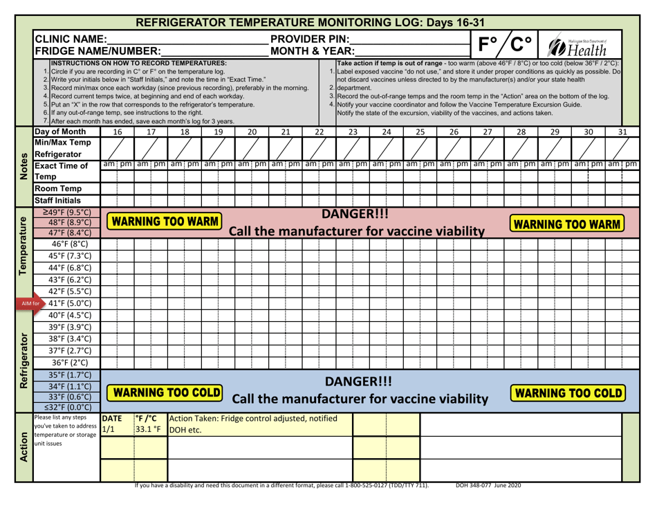DOH Form 348-077 Refrigerator Temperature Monitoring Log - Washington, Page 2