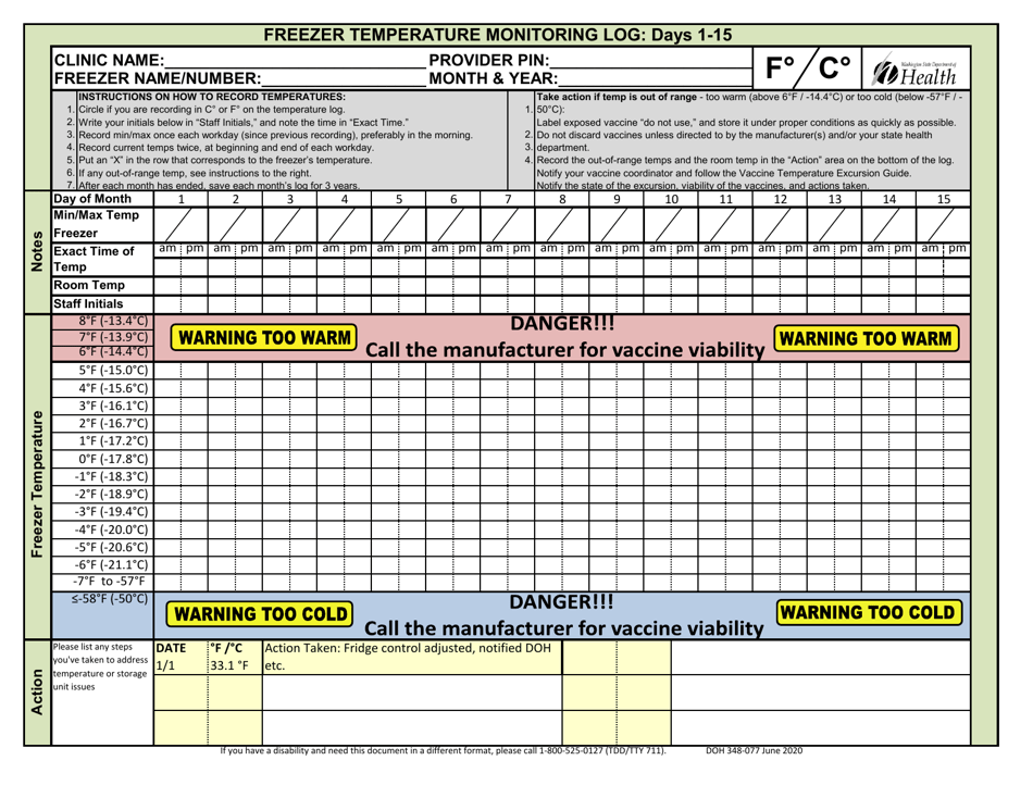 DOH Form 348-077 Refrigerator Temperature Monitoring Log - Washington, Page 3