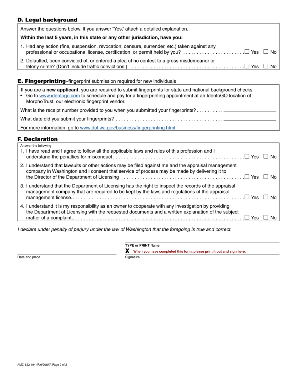 Form AMC-622-194 Appraisal Management Company Designated Controlling Person Registration - Washington, Page 2