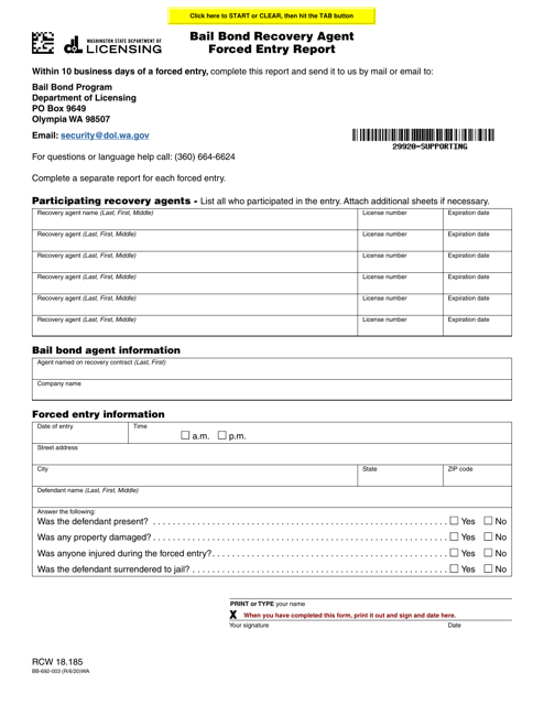 Form BB-692-003 Bail Bond Recovery Agent Forced Entry Report - Washington