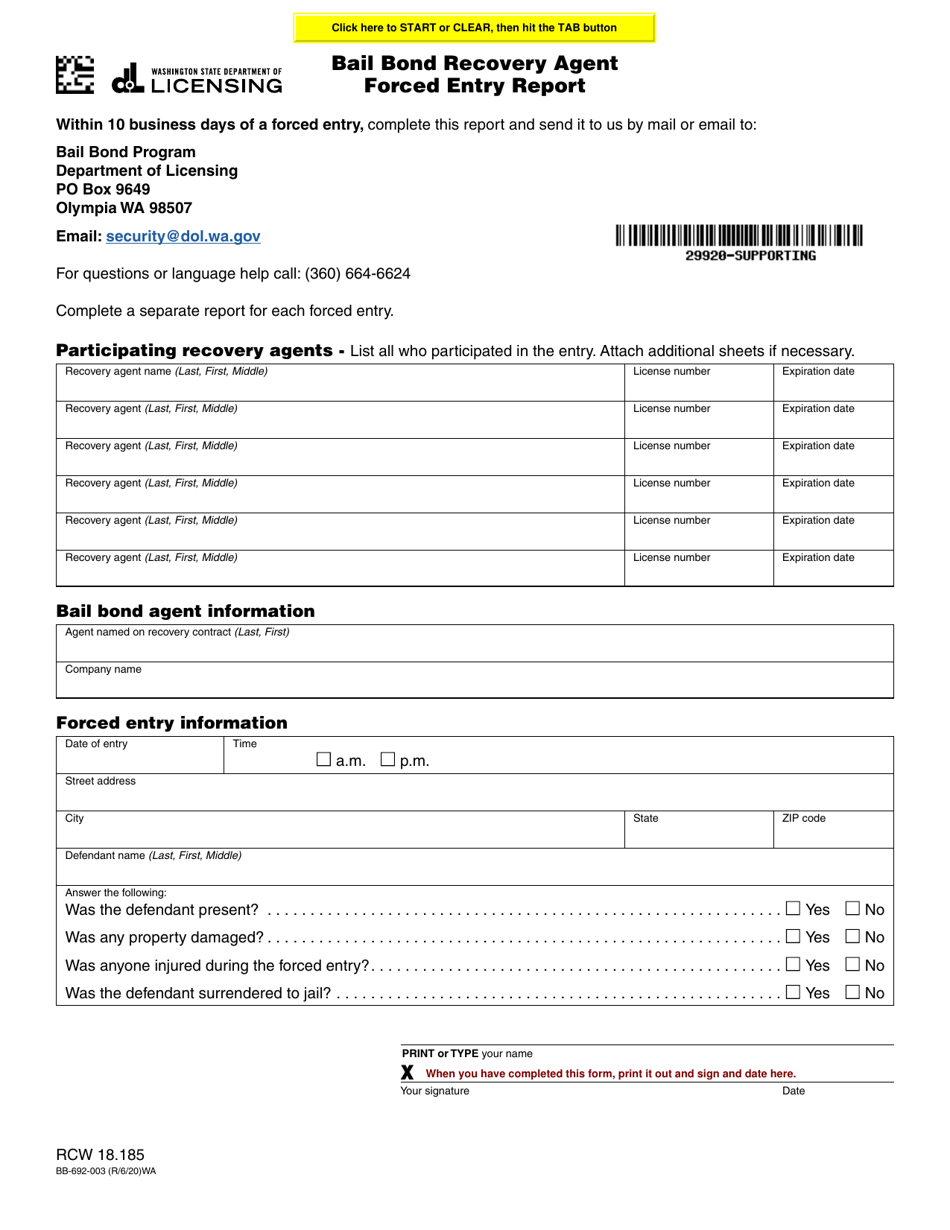 Form BB-692-003 Bail Bond Recovery Agent Forced Entry Report - Washington, Page 1