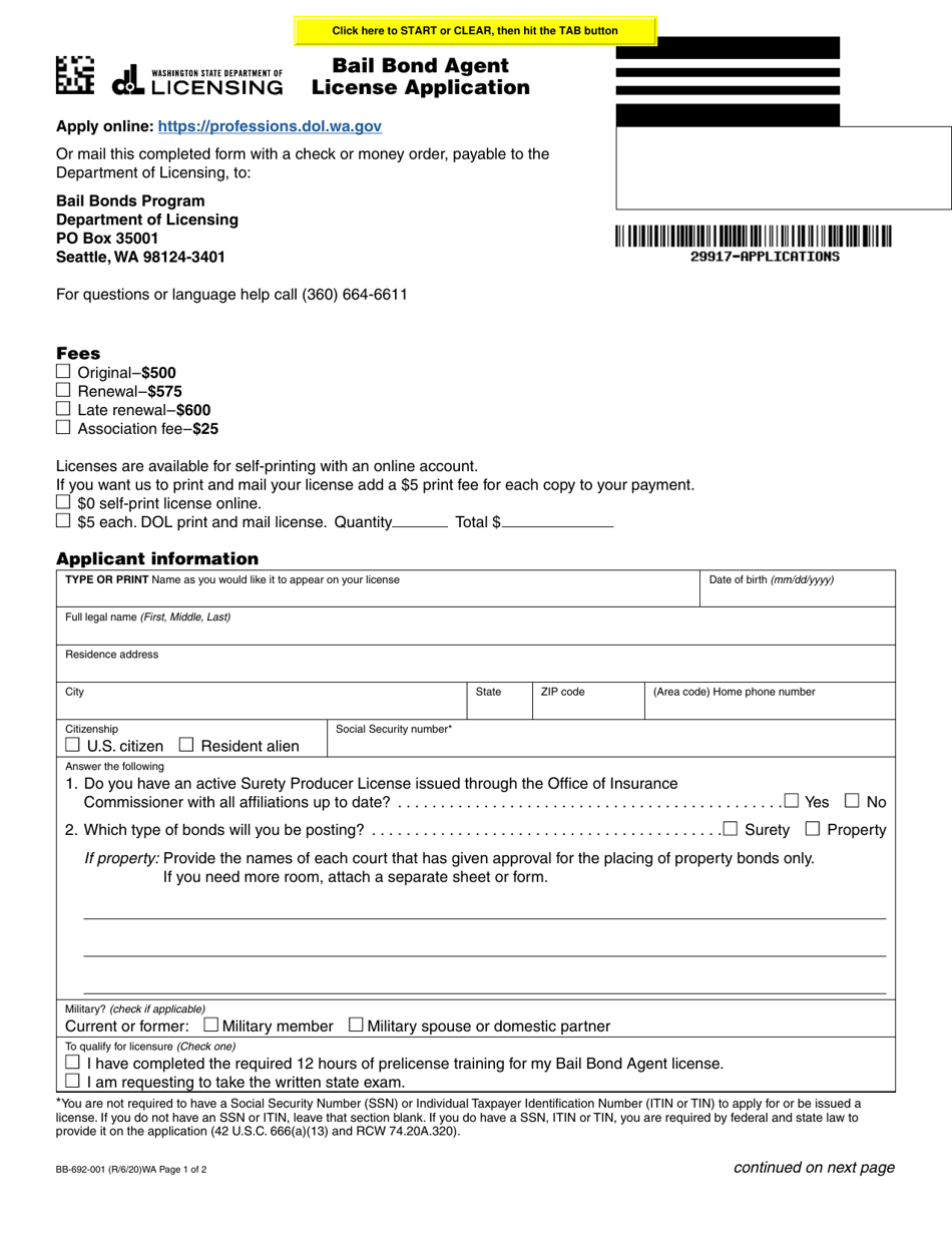 Form BB-692-001 Bail Bond Agent License Application - Washington, Page 1