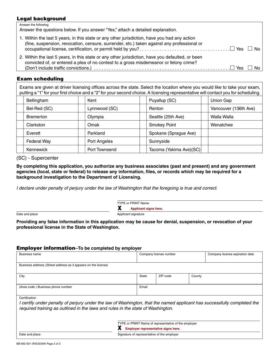Form BB-692-001 Bail Bond Agent License Application - Washington, Page 2