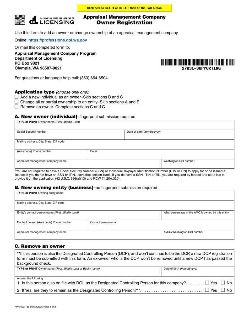 Form APR-622-189 Appraisal Management Company Owner Registration - Washington, Page 1