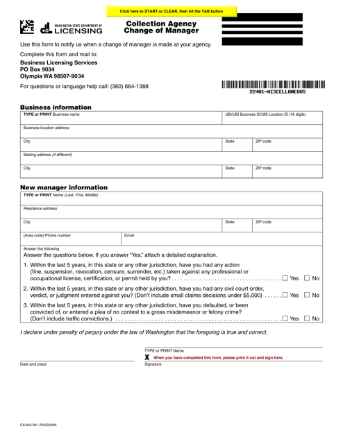 Form CA-643-001 Collection Agency Change of Manager - Washington