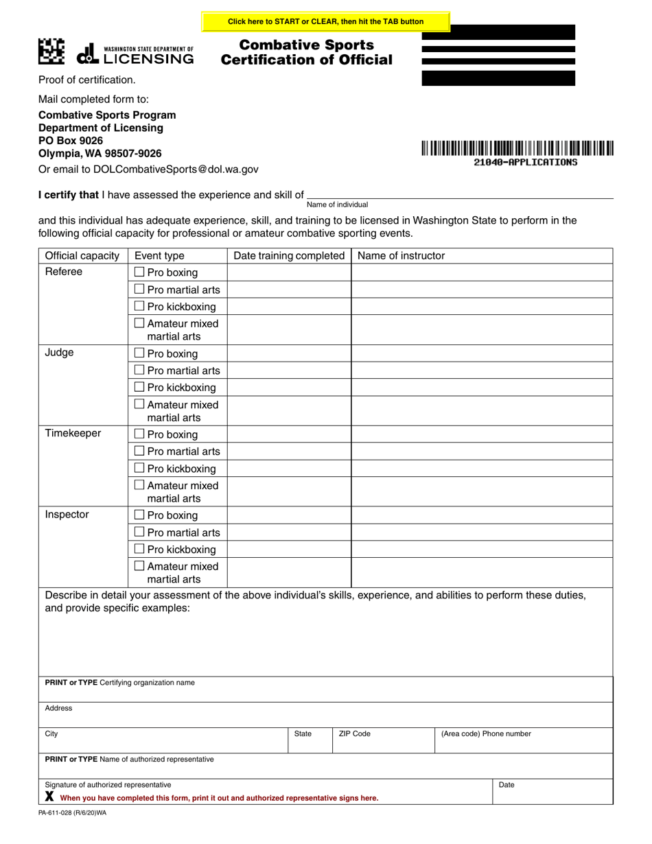 Form PA611028 Download Fillable PDF or Fill Online Combative Sports