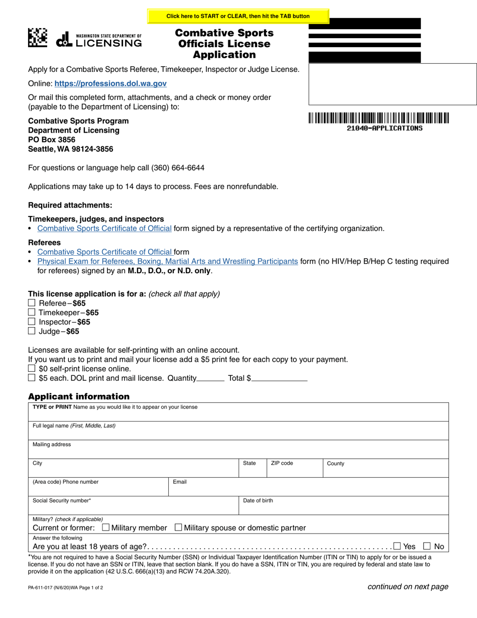 Form PA-611-017 Combative Sports Officials License Application - Washington, Page 1