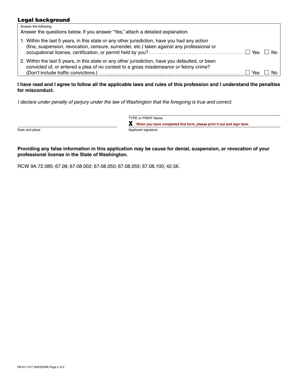 Form PA-611-017 Combative Sports Officials License Application - Washington, Page 2