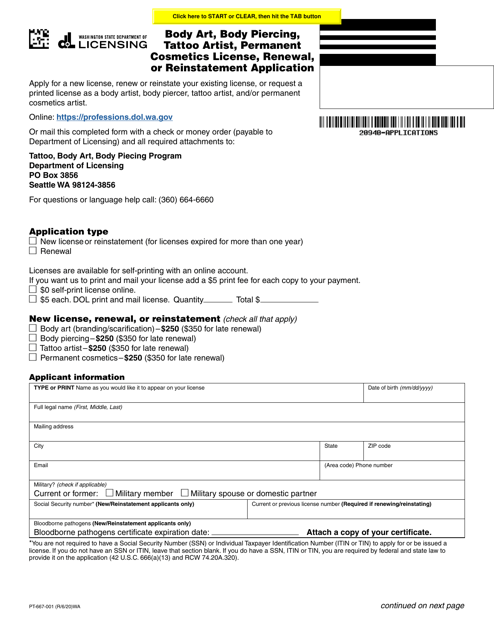 Form PT-667-001 Download Fillable PDF or Fill Online Body Art, Body Piercing ,tattoo Artist, Permanent Cosmetics License, Renewal, or Reinstatement  Application Washington | Templateroller