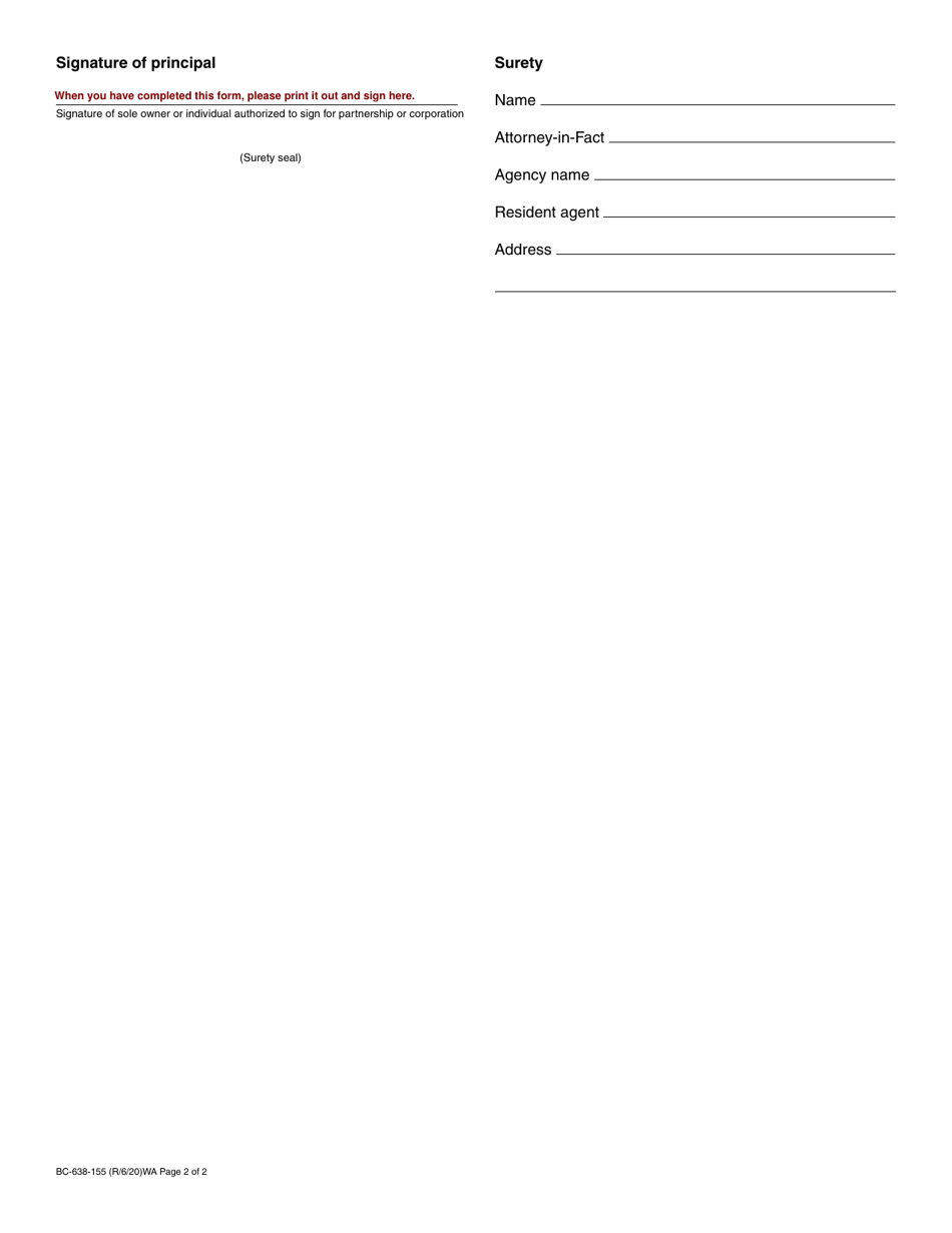 Form BC-638-155 Cosmetology, Hair Design, Barber, Manicurist, Esthetician, or Master Esthetician School Surety Bond - Washington, Page 2