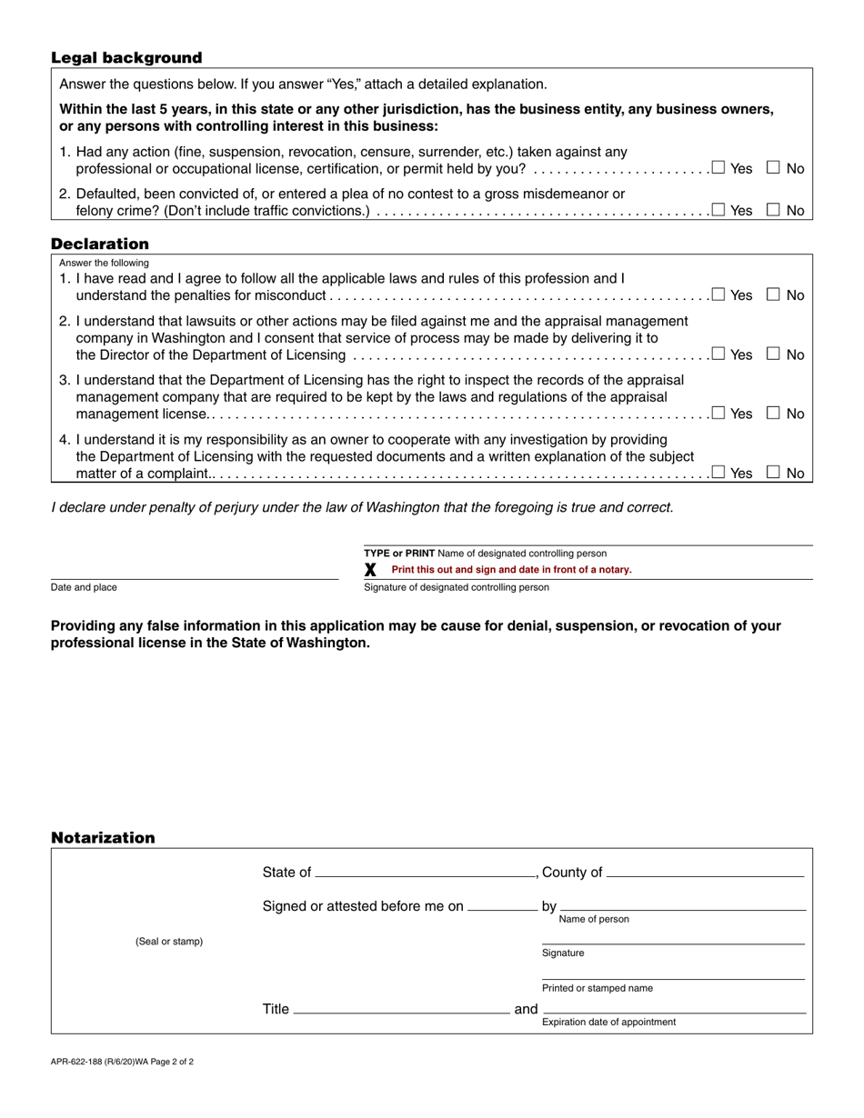 Form APR-622-188 Appraisal Management Company Application - Washington, Page 2