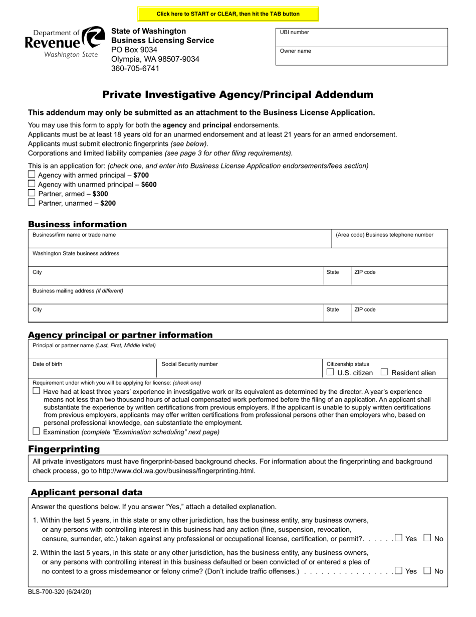 Form BLS-700-320 Private Investigative Agency / Principal Addendum - Washington, Page 1