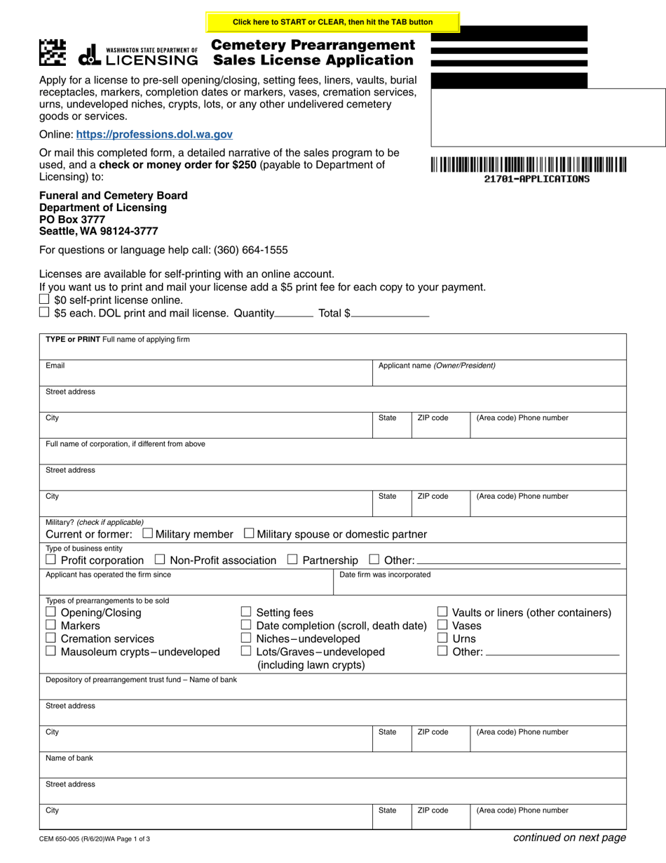 Form CEM650-005 Cemetery Prearrangement Sales License Application - Washington, Page 1
