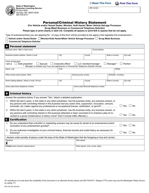Form BLS-700-324 Personal/Criminal History Statement - Washington