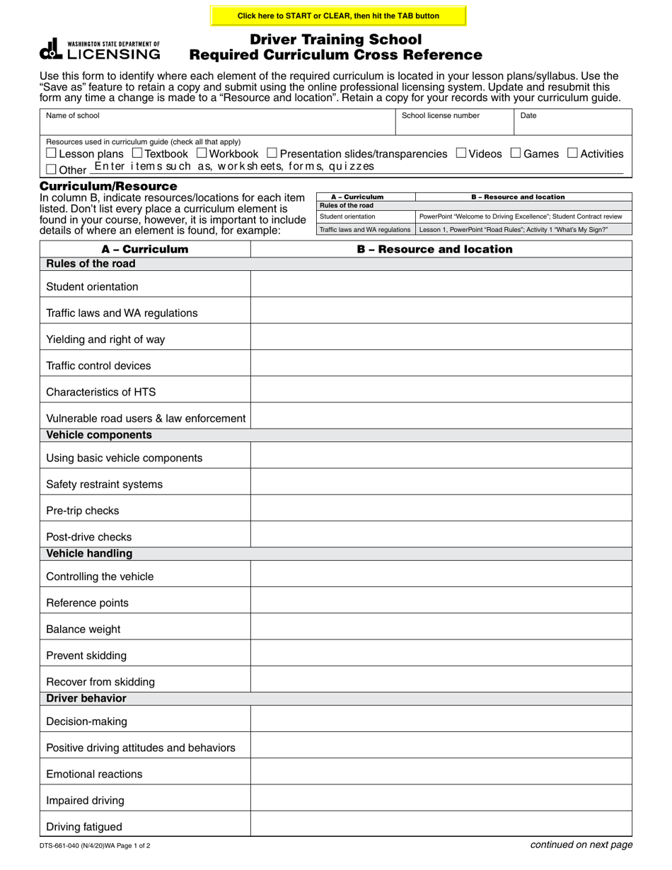 Form DTS-661-040 Driver Training School Required Curriculum Cross Reference - Washington, Page 1