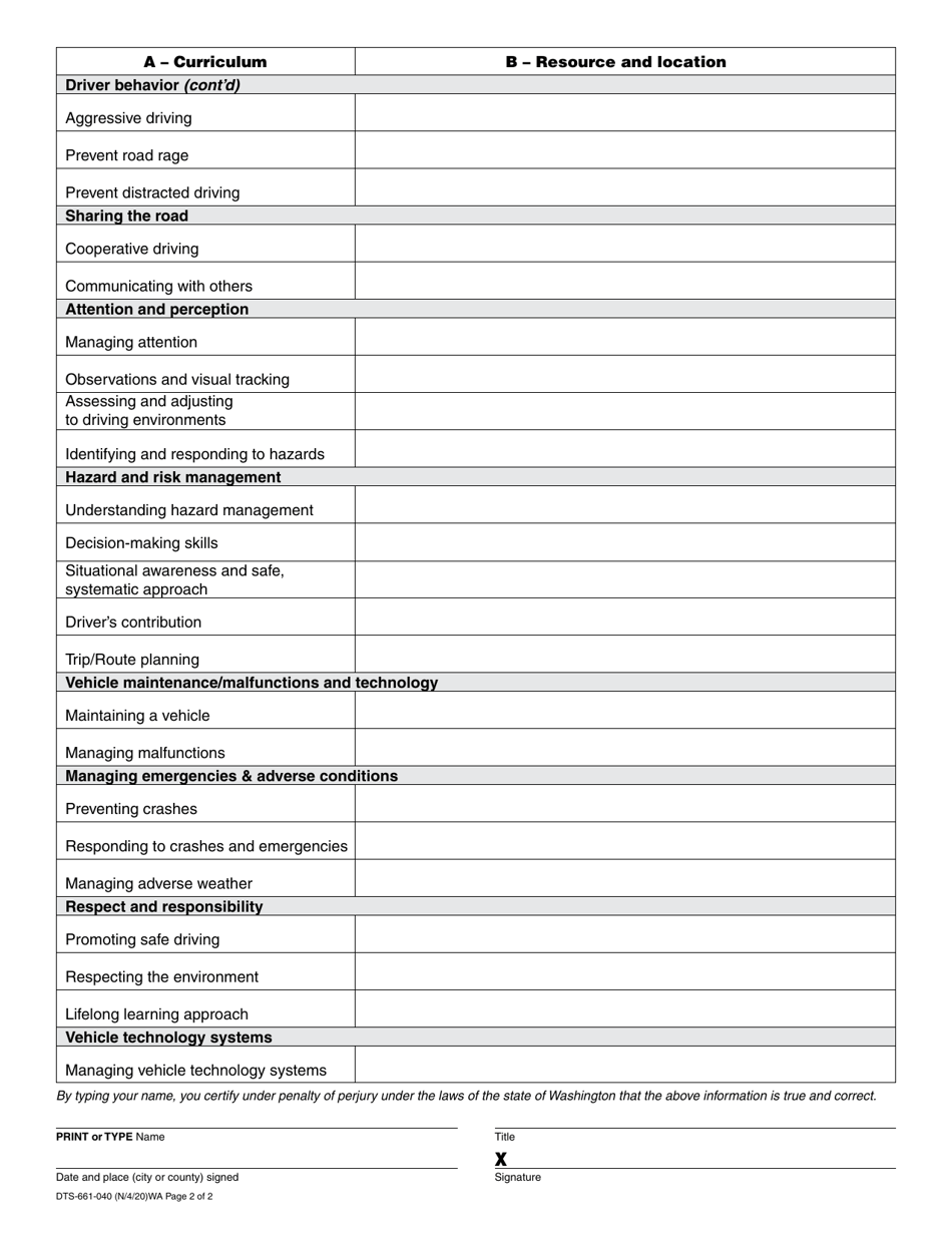 Form DTS-661-040 Driver Training School Required Curriculum Cross Reference - Washington, Page 2