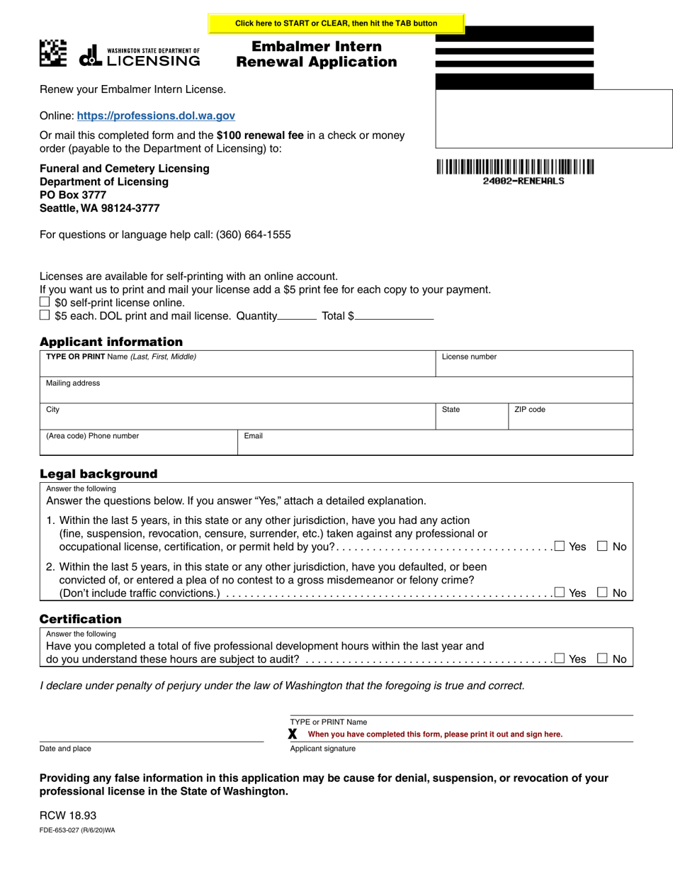 Form FDE-653-027 Embalmer Intern Renewal Application - Washington, Page 1