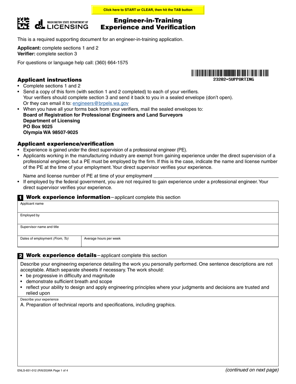 Form ENLS-651-012 Engineer-In-training Experience and Verification - Washington, Page 1