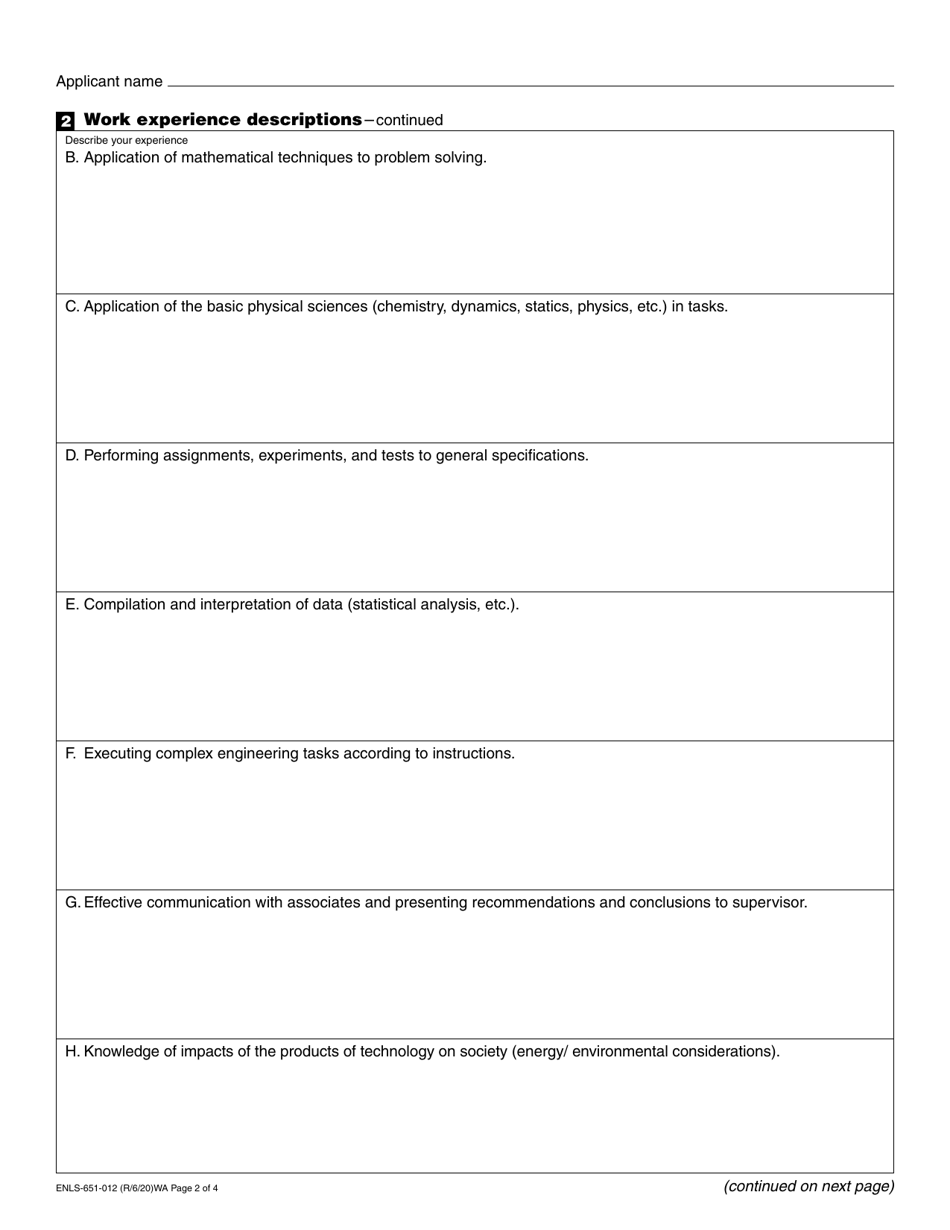 Form ENLS-651-012 Engineer-In-training Experience and Verification - Washington, Page 2