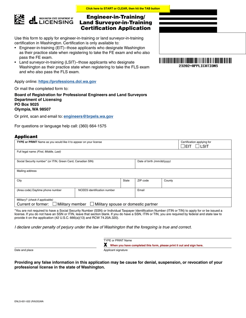 Form ENLS-651-022 Engineer-In-training / Land Surveyor-In-training Certification Application - Washington, Page 1