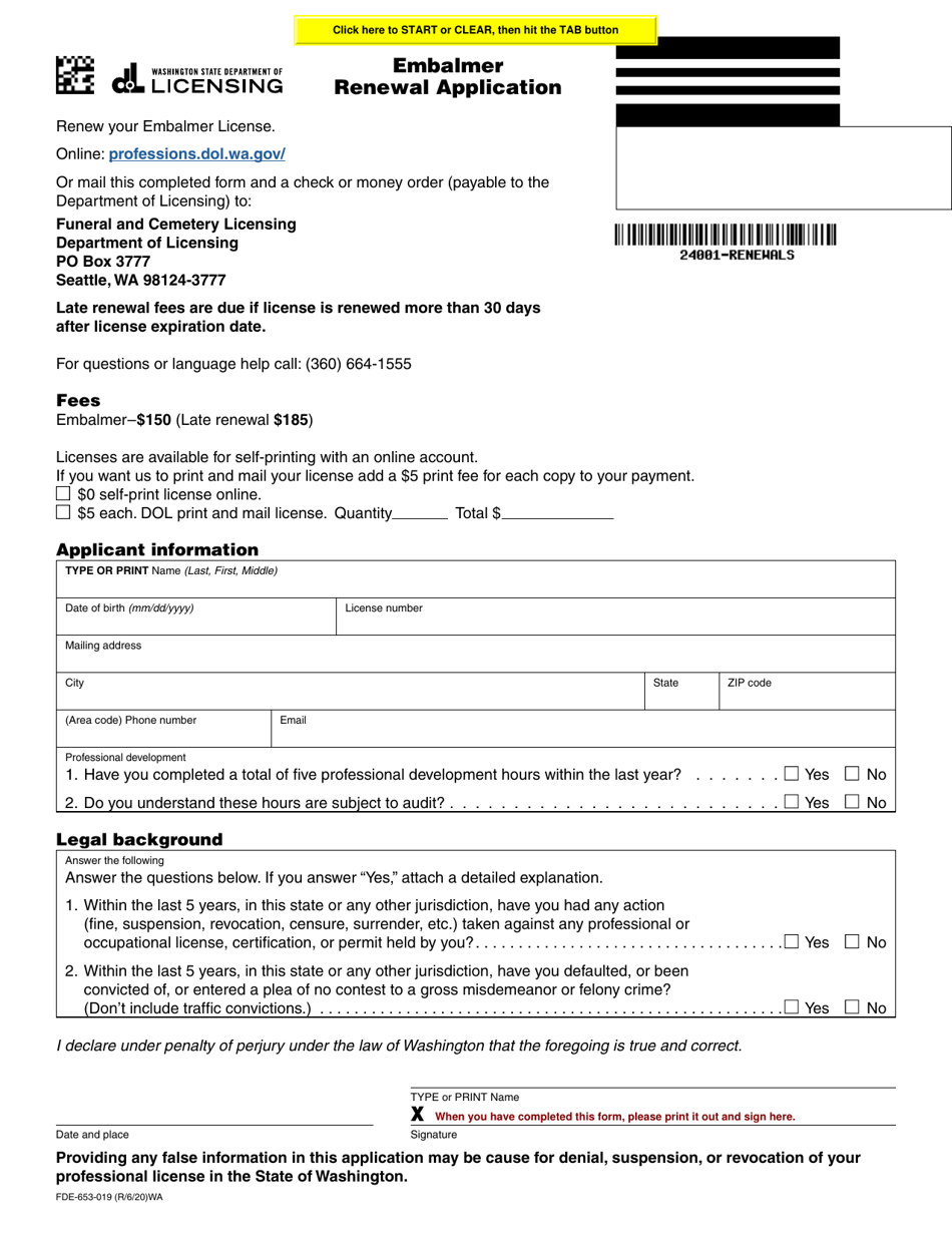 Form FDE-653-019 Embalmer Renewal Application - Washington, Page 1