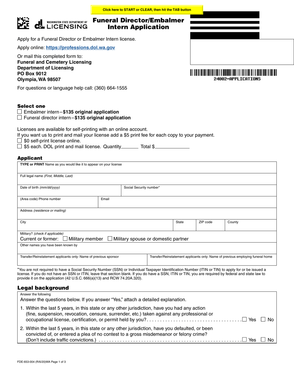 Form FDE-653-004 Funeral Director / Embalmer Intern Application - Washington, Page 1