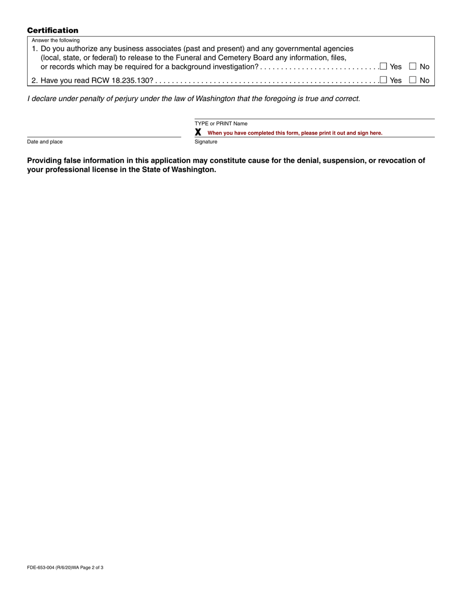 Form FDE-653-004 Funeral Director / Embalmer Intern Application - Washington, Page 2