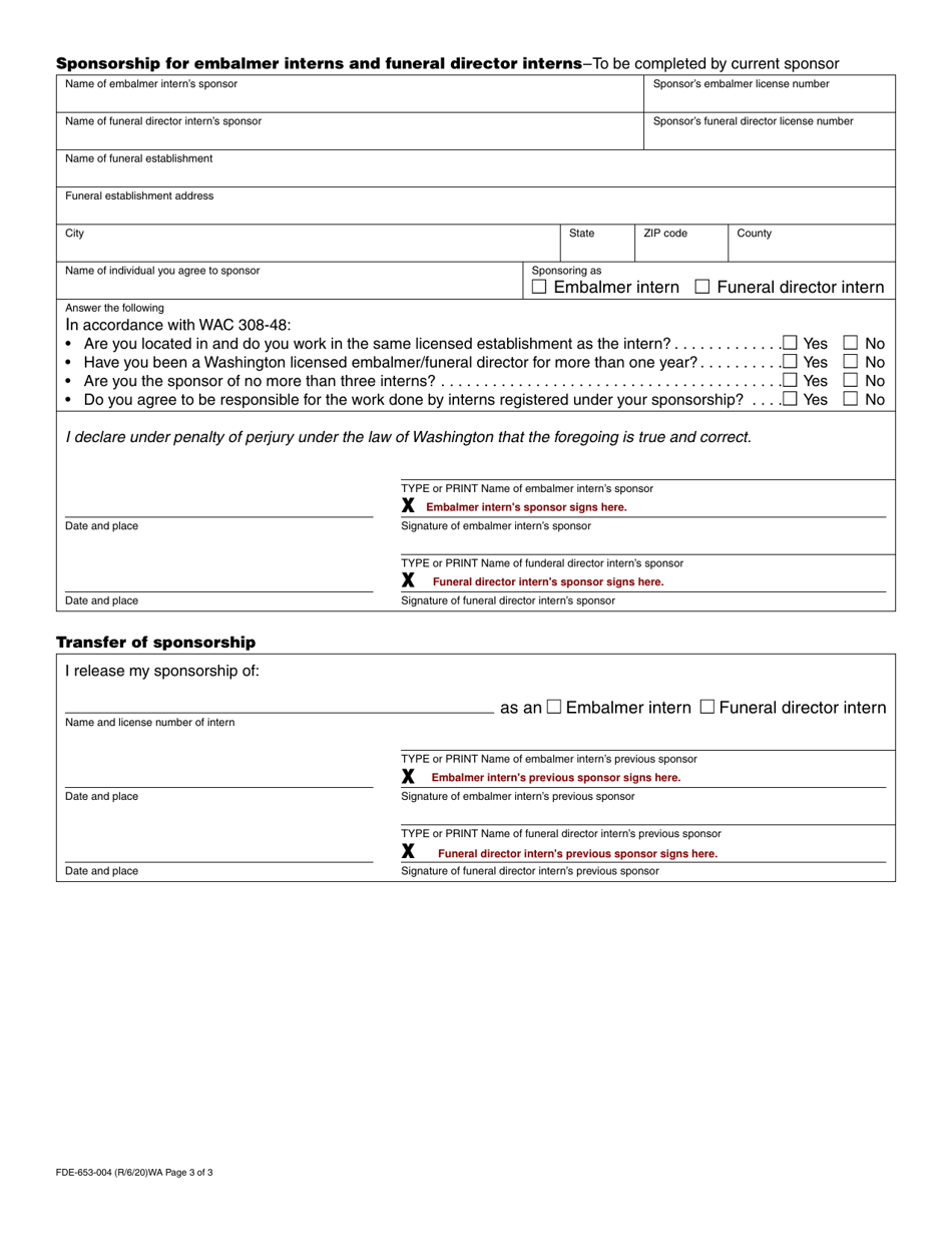 Form FDE-653-004 Funeral Director / Embalmer Intern Application - Washington, Page 3