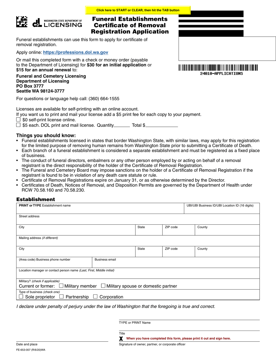 Form FDE-653-007 Funeral Establishment Certificate of Removal Registration Application - Washington, Page 1