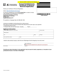 Document preview: Form FE-653-010 Funeral Establishments Certificate of Removal Renewal Application - Washington