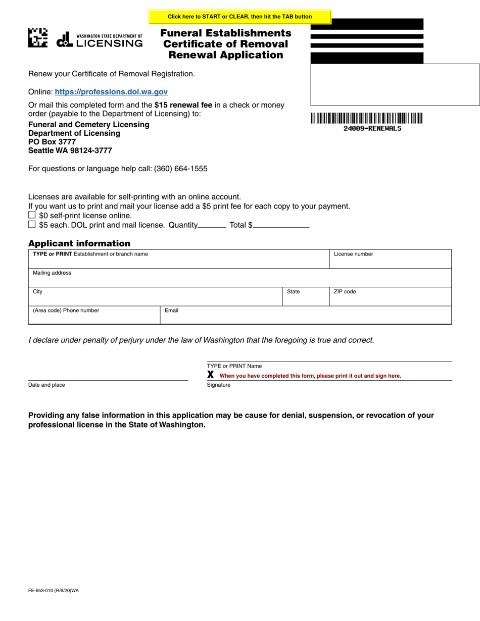 Form FE-653-010 Funeral Establishments Certificate of Removal Renewal Application - Washington, Page 1