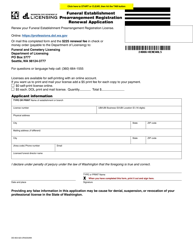 Document preview: Form DE-653-023 Funeral Establishment Prearrangement Registration Renewal Application - Washington