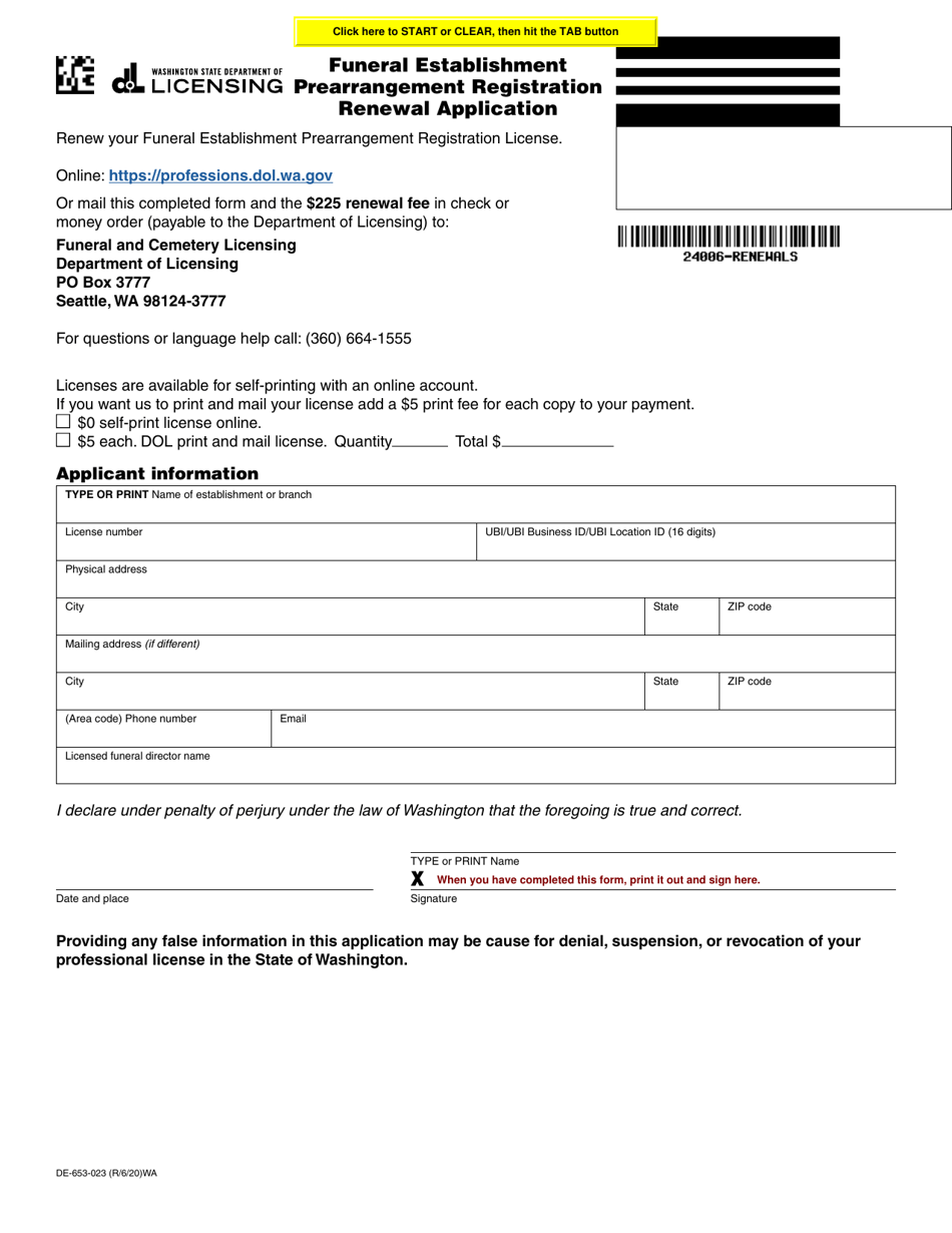 Form DE-653-023 Funeral Establishment Prearrangement Registration Renewal Application - Washington, Page 1