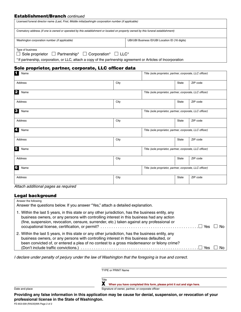 Form FE-653-009 Funeral Establishment License or Branch Establishment Registration Application - Washington, Page 2