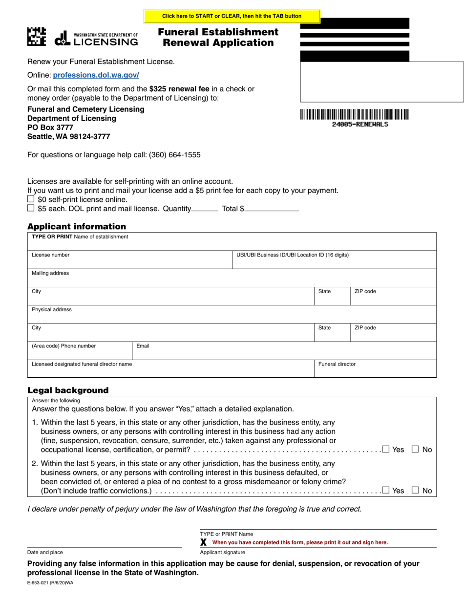 Form E-653-021 Funeral Establishment Renewal Application - Washington, Page 1