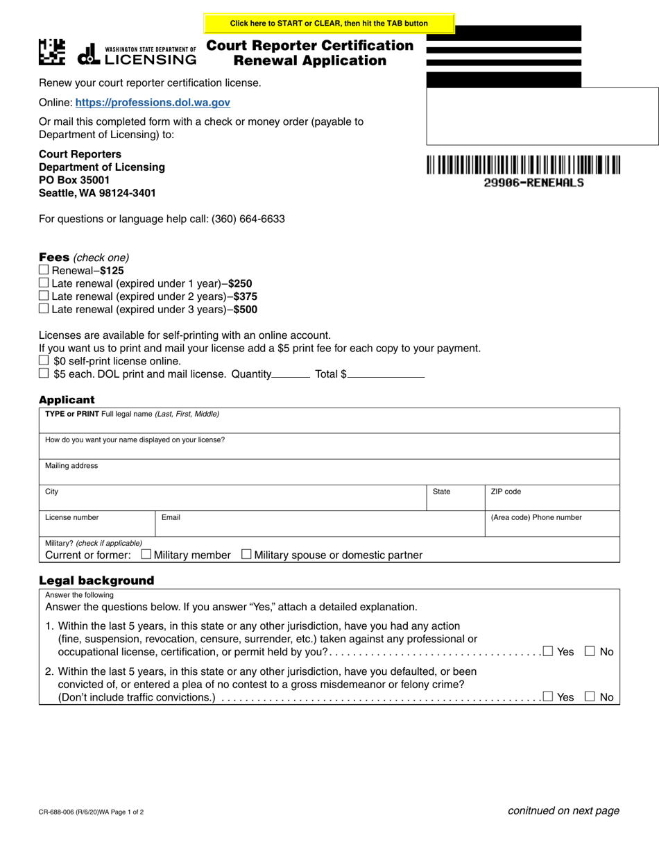 Form CR-688-006 Court Reporter Certification Renewal Application - Washington, Page 1