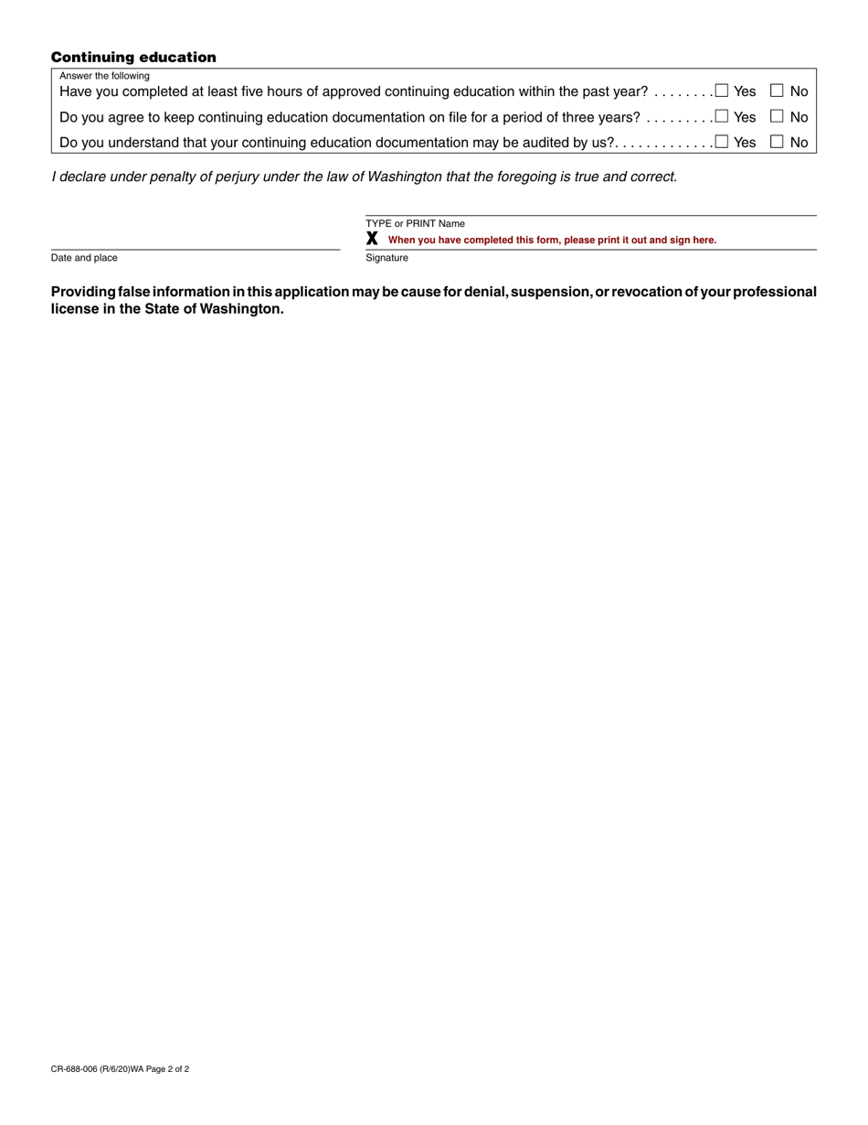Form CR-688-006 Court Reporter Certification Renewal Application - Washington, Page 2