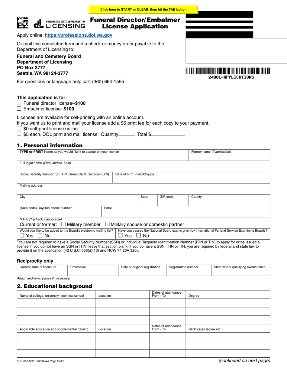 Form FDE-653-002 Funeral Director / Embalmer License Application - Washington, Page 2